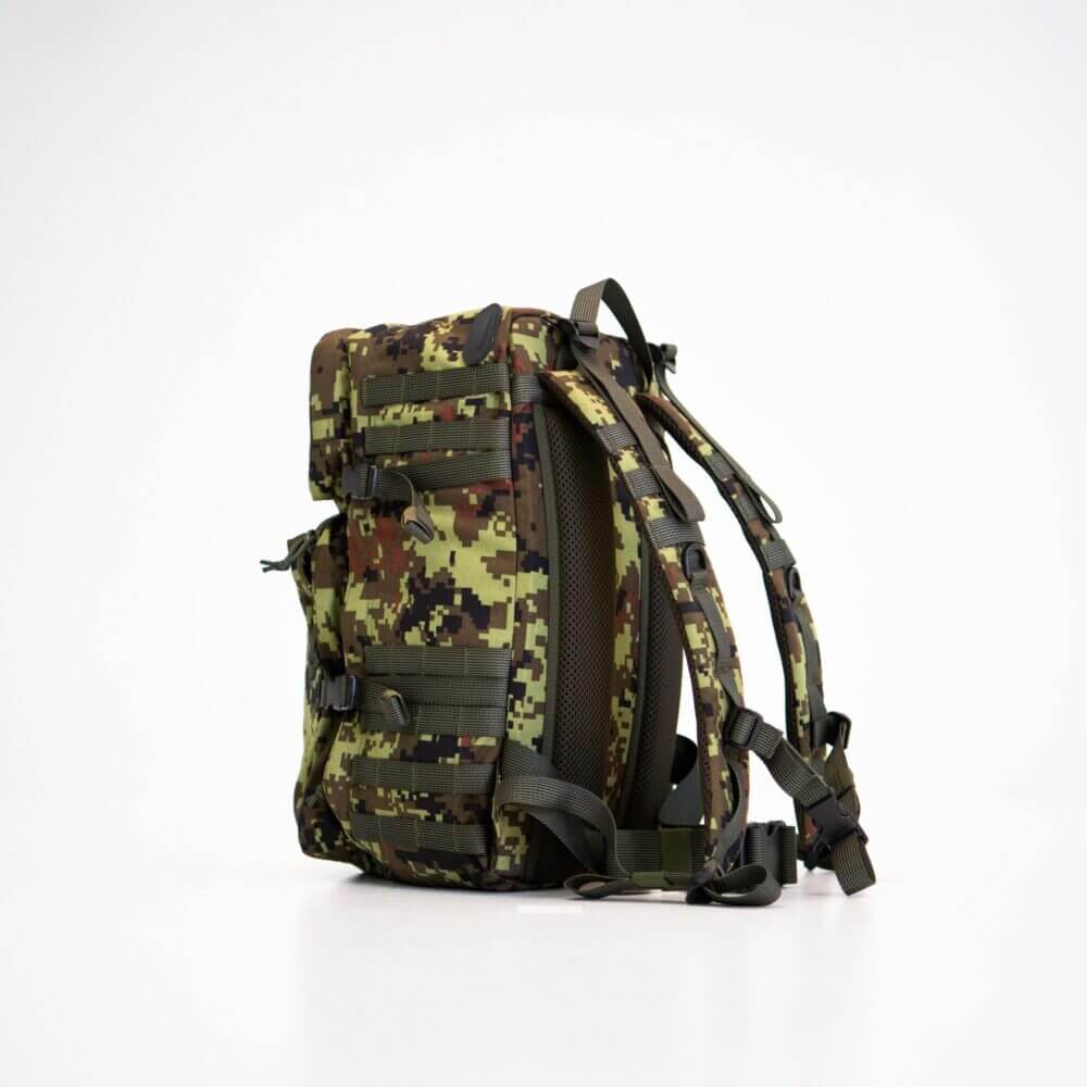a camouflage backpack with straps on a white background.