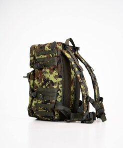 a camouflage backpack with straps on a white background.