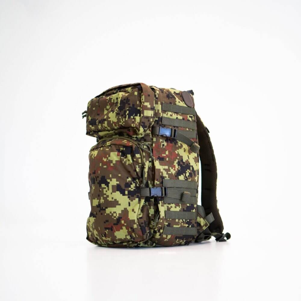 a backpack with a camouflage pattern on it.