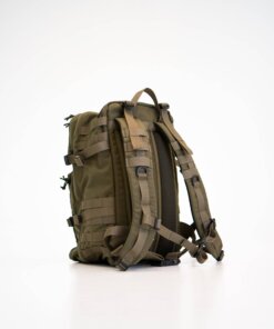 a back pack sitting on a white surface.