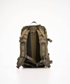 a back view of a backpack on a white background.