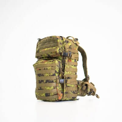 a large backpack with multiple compartments and straps.