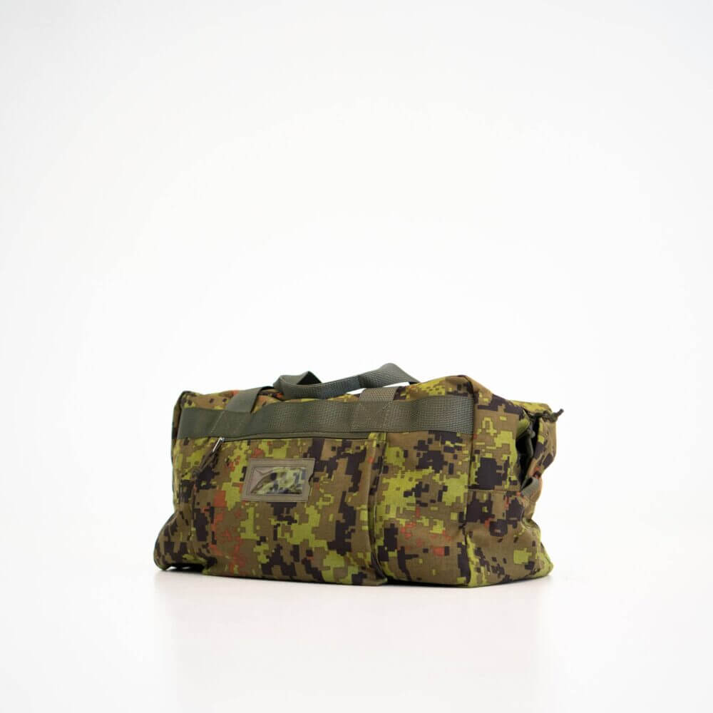 a camouflaged duffel bag on a white background.
