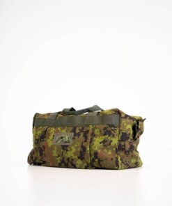 a camouflaged duffel bag on a white background.