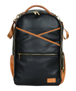a black backpack with a brown strap.