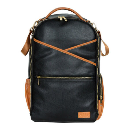 a black backpack with a brown strap.