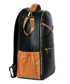 a black and tan backpack with a zipper.