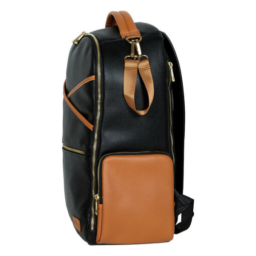 a black and tan backpack with a brown strap.