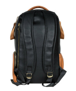 a black and tan backpack with two straps.