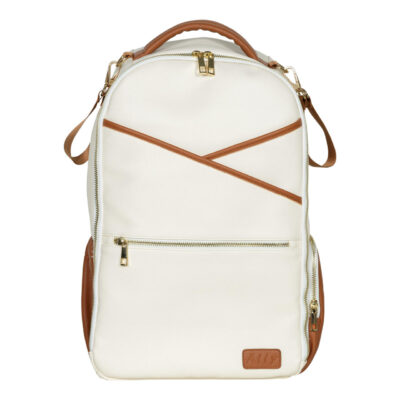 a white backpack with a brown strap.