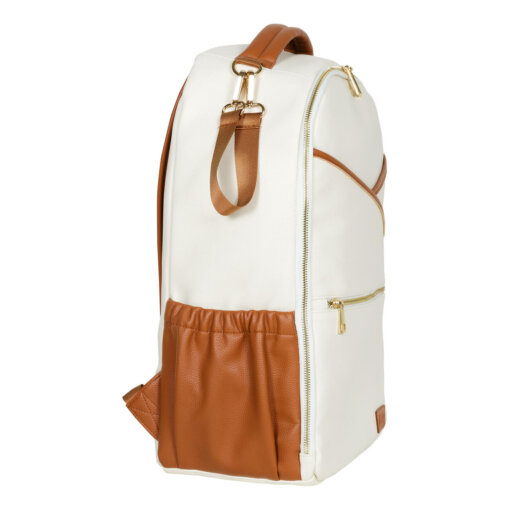 a white backpack with brown straps and a brown strap.