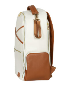 a white and brown backpack with a brown strap.