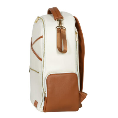 a white and brown backpack with a brown strap.