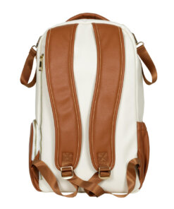 a brown and white backpack on a white background.