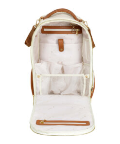 a white backpack with a brown handle.