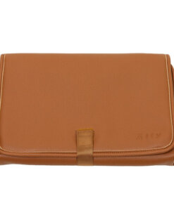 a tan leather wallet with a gold clasp.