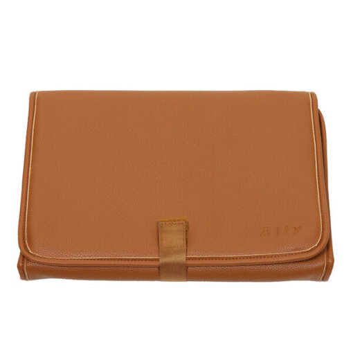 a tan leather wallet with a gold clasp.