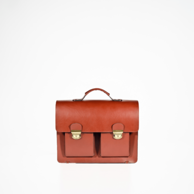 a brown leather briefcase on a white background.