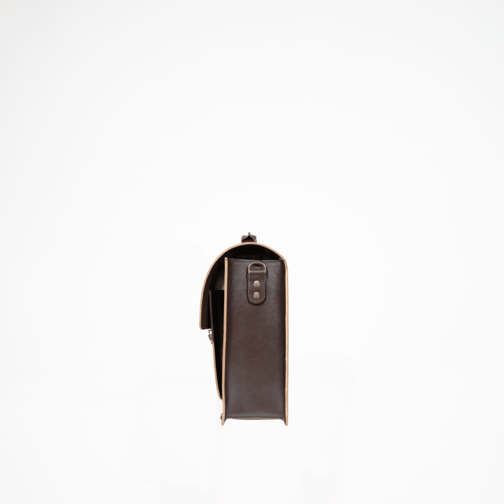 a brown leather case is open on a white background.