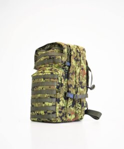 a backpack with multiple compartments and straps on a white background.