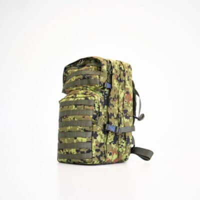 a backpack with multiple compartments and straps on a white background.