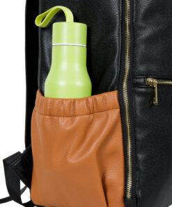 a black backpack with a green bottle in it.