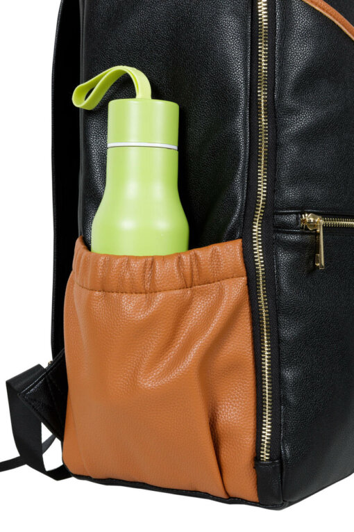 a black backpack with a green bottle in it.