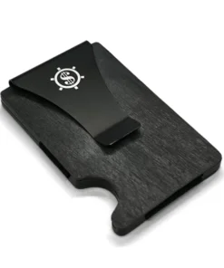 a black wallet with a white logo on it.