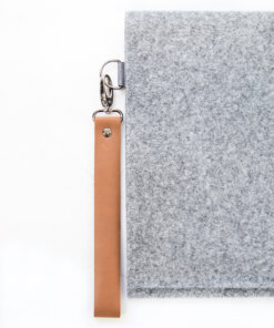 a leather keychain attached to a felt board.