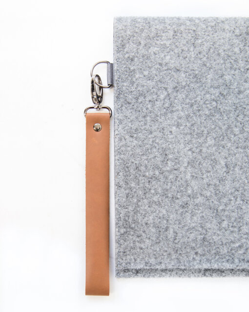 a leather keychain attached to a felt board.