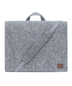 a grey felt bag with a leather handle.
