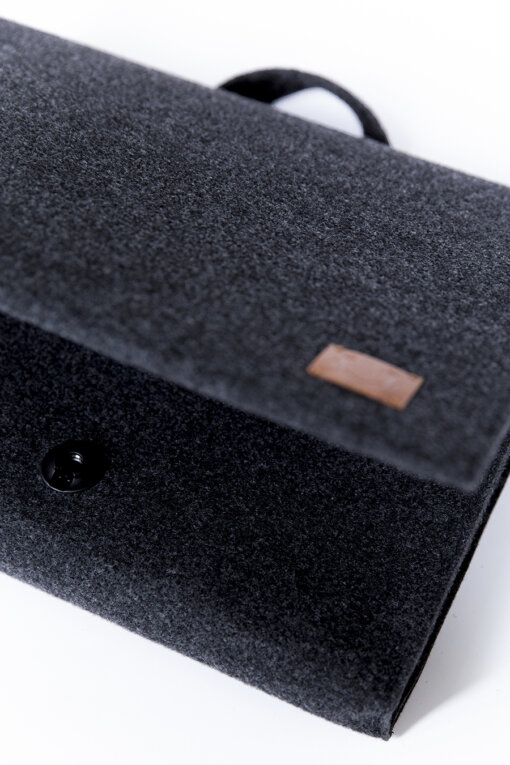 a close up of a black case on a white surface.