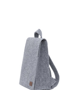 a gray backpack sitting on top of a white background.