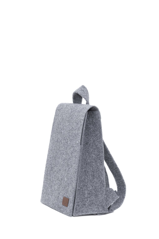 a gray backpack sitting on top of a white background.