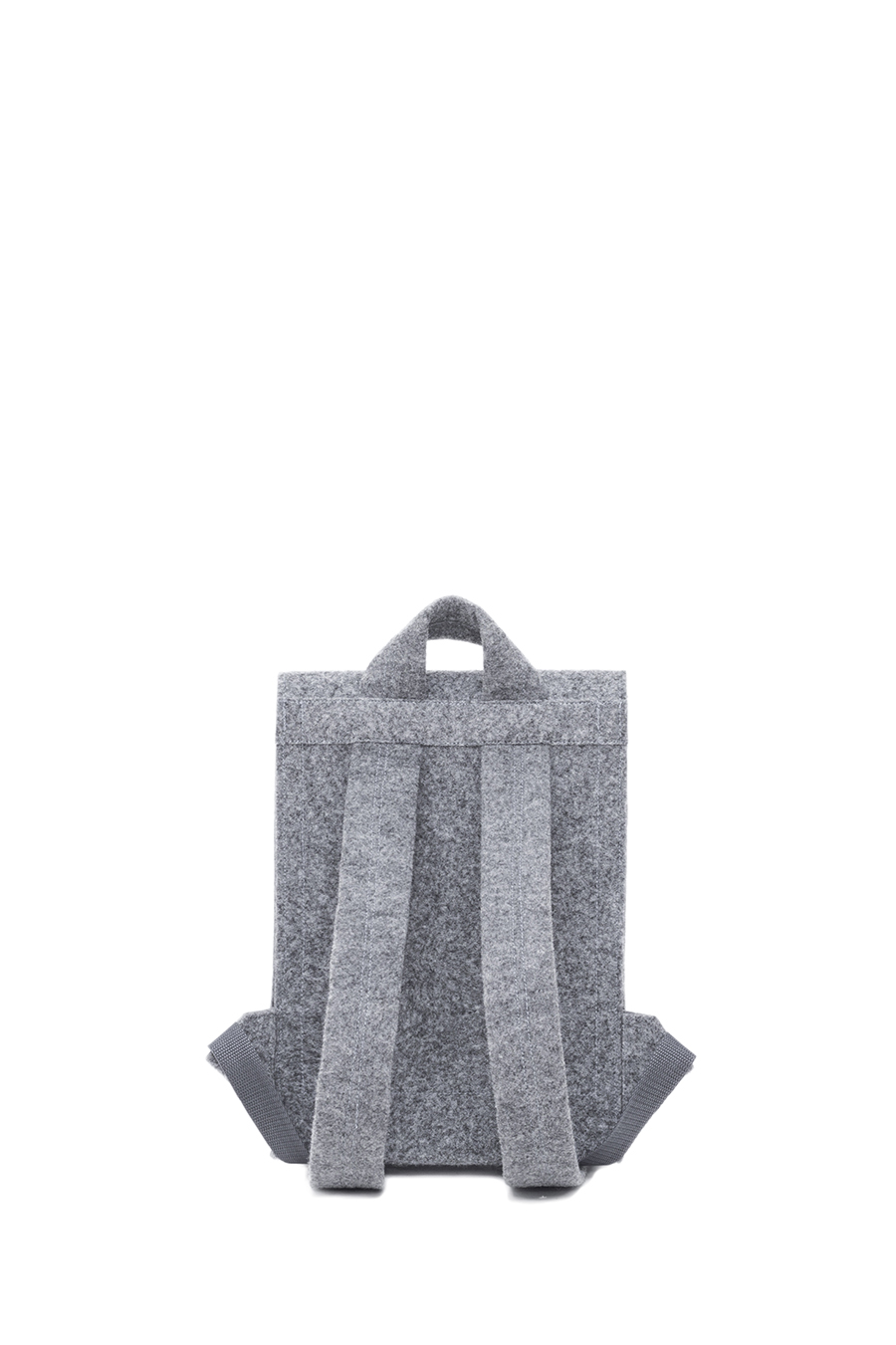 a gray backpack sitting on top of a white surface.