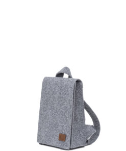 a gray backpack sitting on top of a white floor.