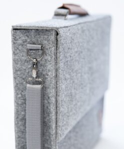 a gray felt case with a silver zipper.
