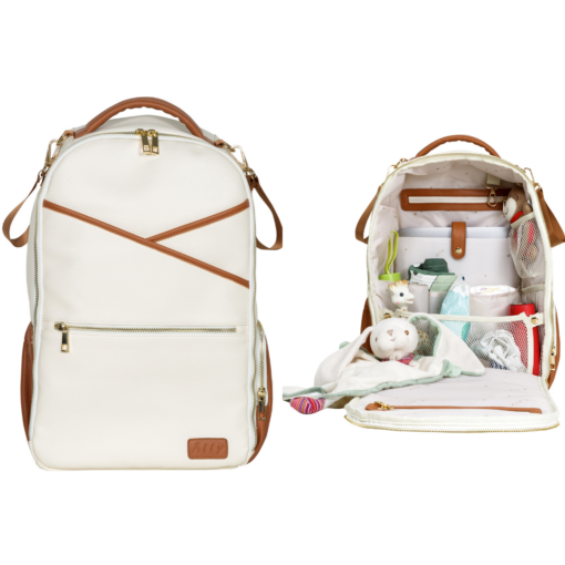a backpack and a diaper bag are shown side by side.