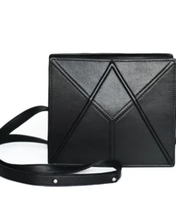 a black purse with a strap on a white background.