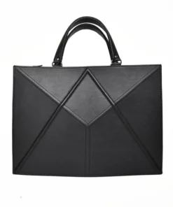 a black handbag with a geometric design.