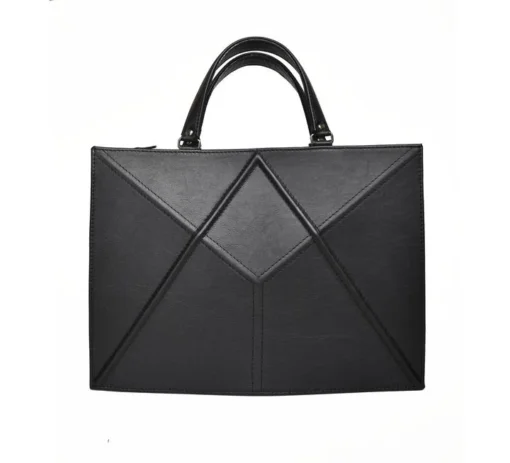 a black handbag with a geometric design.