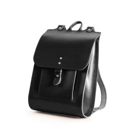 a black leather backpack on a white background.