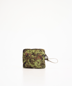 a green and brown camo pouch sitting on a white surface.