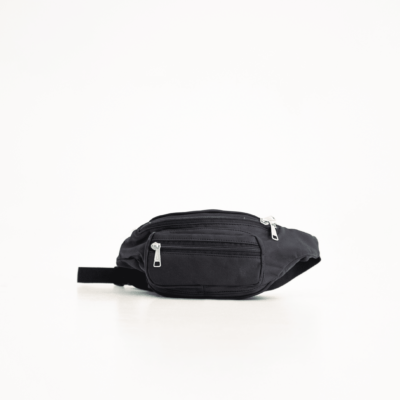 a black fanny bag on a white background.