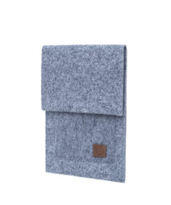 a gray felt case with a brown leather patch.