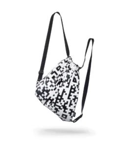 a black and white bag with a pattern on it.