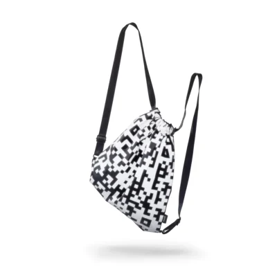 a black and white bag with a pattern on it.