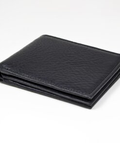 a black leather wallet sitting on top of a white table.