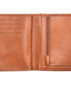 a brown leather wallet with a zipper open.
