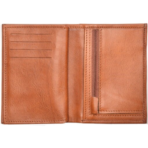 a brown leather wallet with a zipper open.